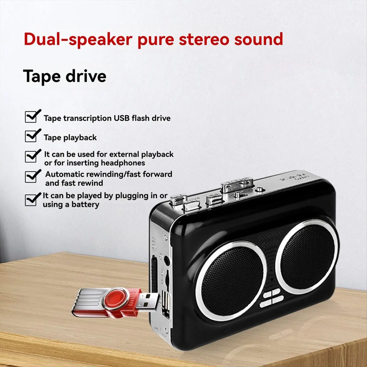 RECOMENDAR】USB Cassette Player Music Tape to MP3 Converter Plug and Play Cassette Tape Player Convertor with Dual Speaker Black