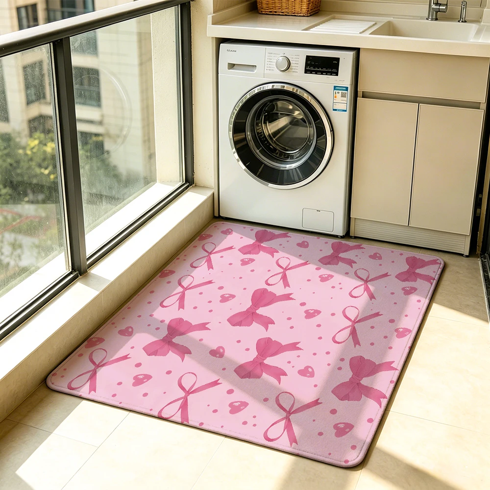 Pink Bow Doormat Pink Background Non-slip Washable Entrance Rug Indoor Outdoor Home Decor Floor Mat