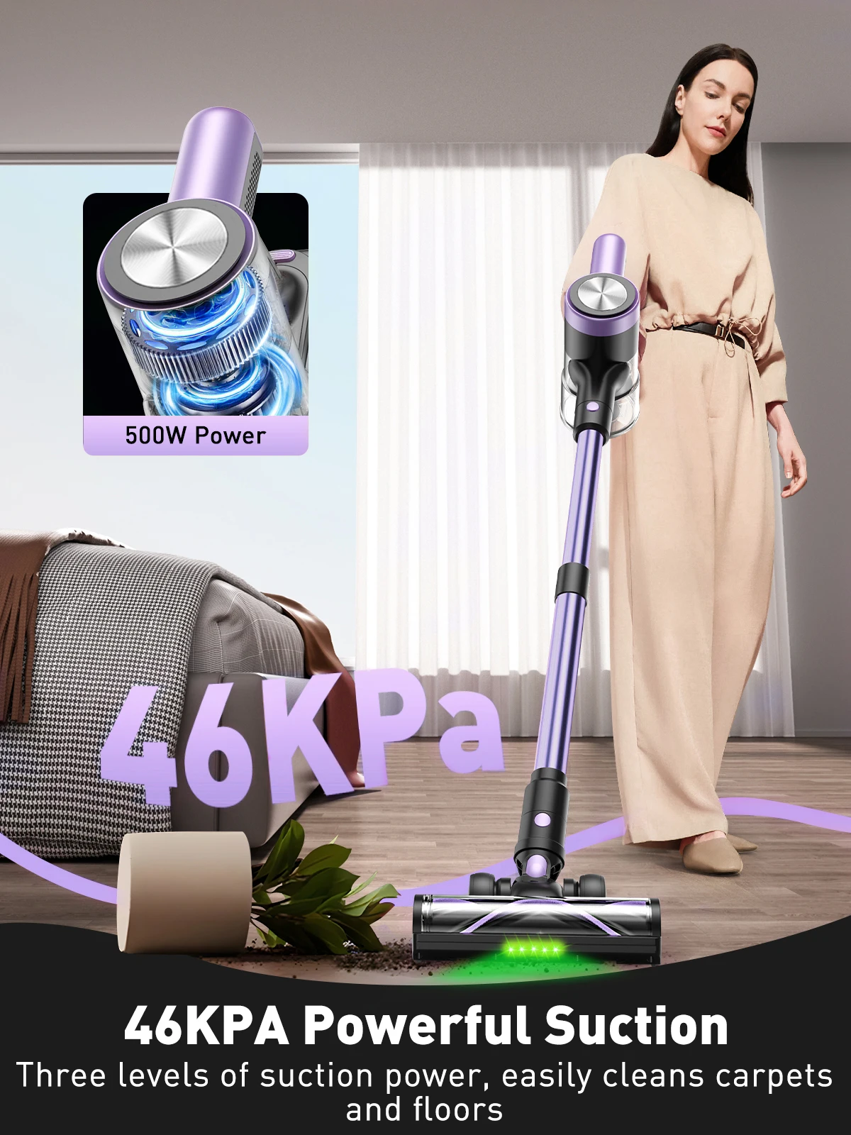 Cordless Vacuum Cleaner, 46KPa/500W Stick Vacuum with 55 Mins Runtime, Self-Standing Vacuum Cleaner for Home,Carpet & Hard Floor