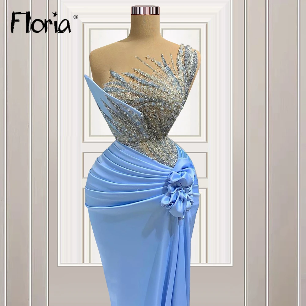 Vestidos de baile de formatura azul bonito completo frisado superior vestidos de noite feitos sob encomenda trajes formais árabes vestidos de celebridade vestidos de cocktail