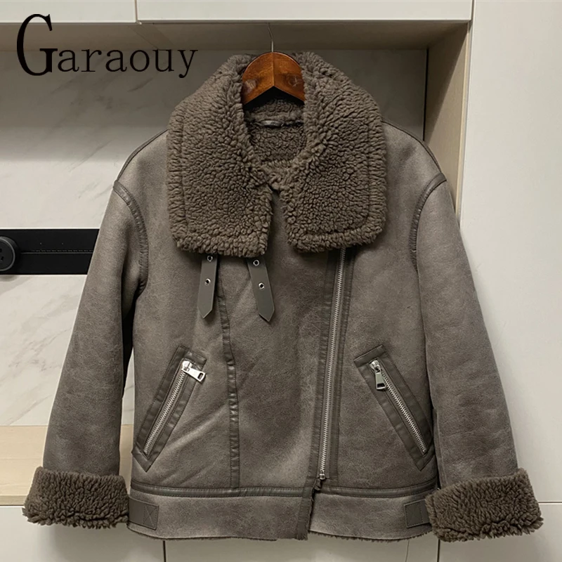 Garaouy 2023 Winter Retro Women Thick Fleece Faux Leather Coats Female Casual Loose Warm Biker Jacket High Quality Outwear Mujer