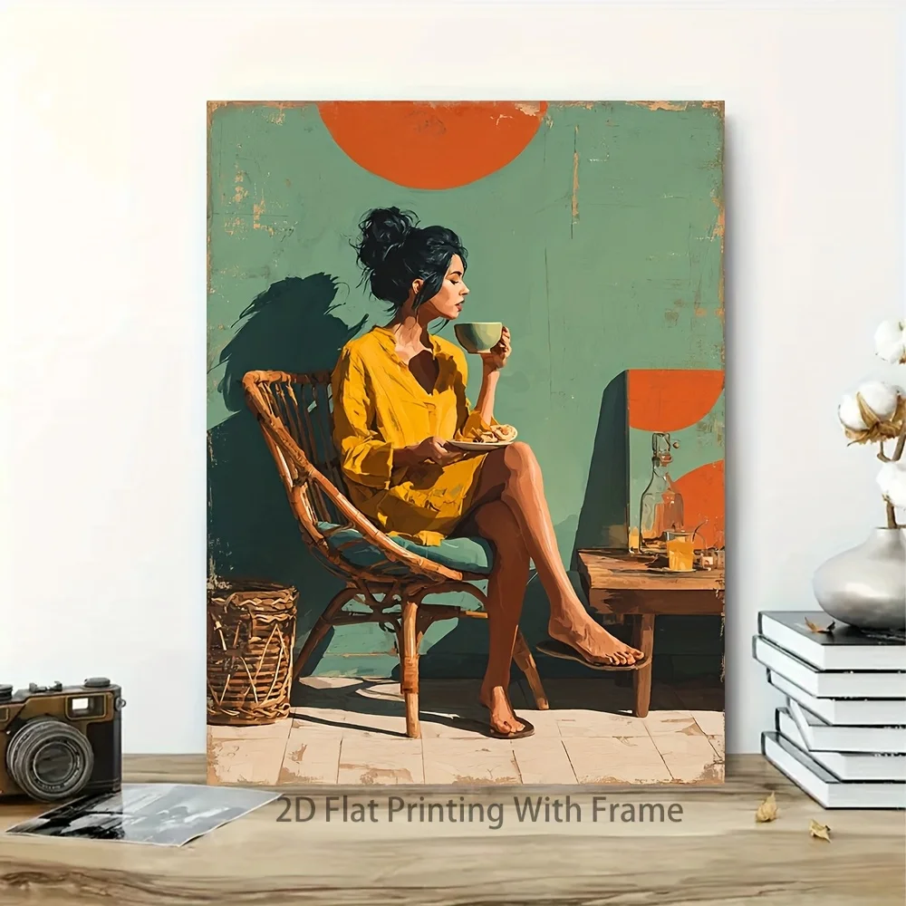 (No frame)2D Flat, 2D Flat, 2D Flat 1pc of 2D Flat Art with a Frame, Measuring 12X16 Inches, Featuring a Woman Enjoying Coffe