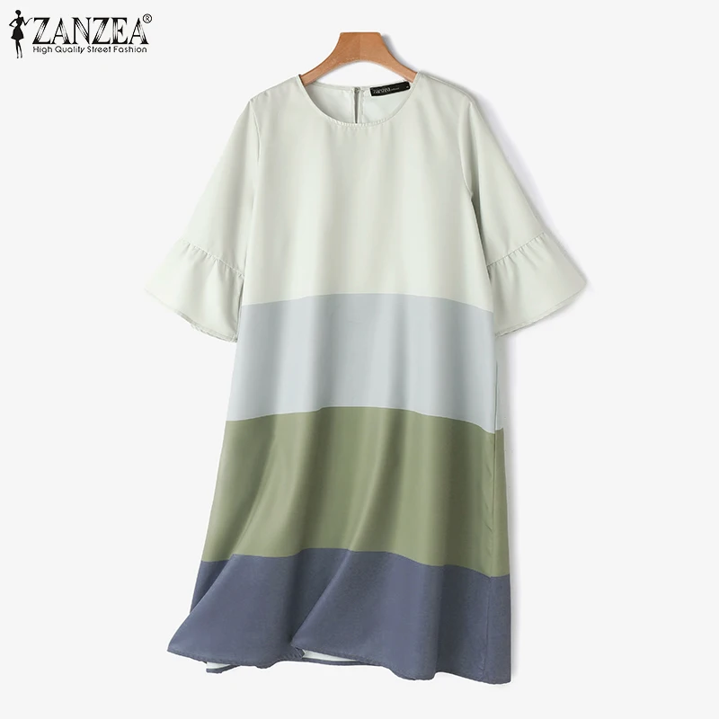 ZANZEA Women Fashion Knee Dresses Casual Color Patchwork Sundress Holiday Summer Round Neck Robe 2024 Vintage 3/4 Sleeve Dress