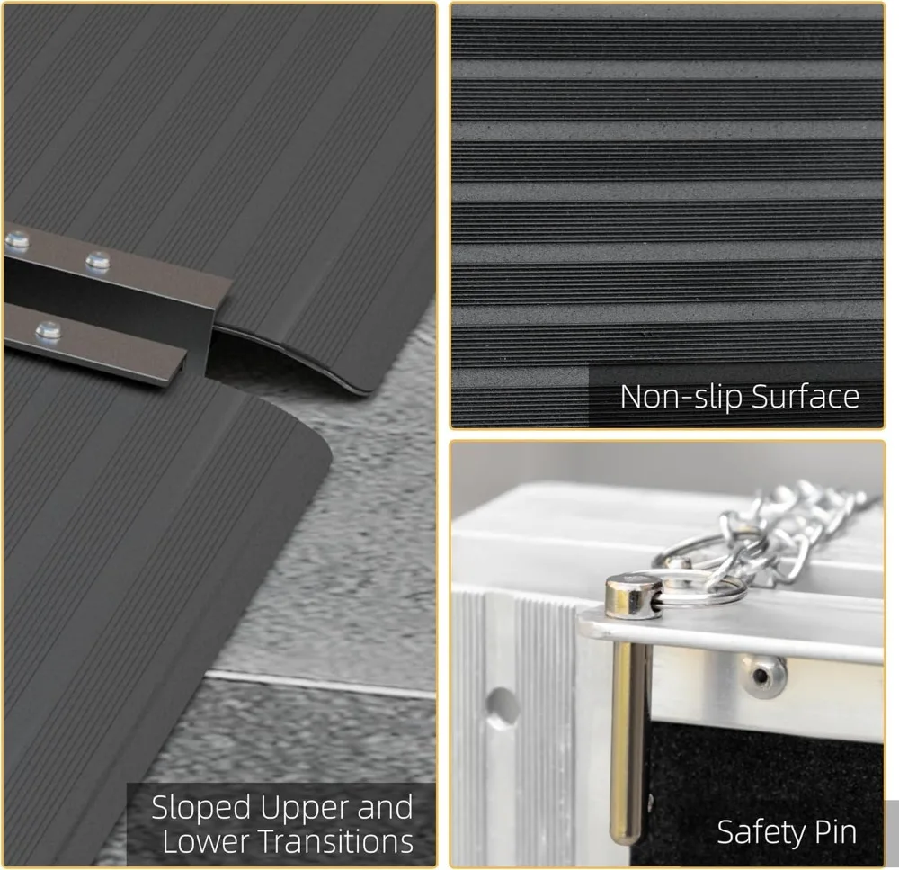 10FT Foldable Threshold Ramp, Aluminum Handicap Ramp with Non-Slip Surface, Transition Plates Above and Below, 600lbs Capacity