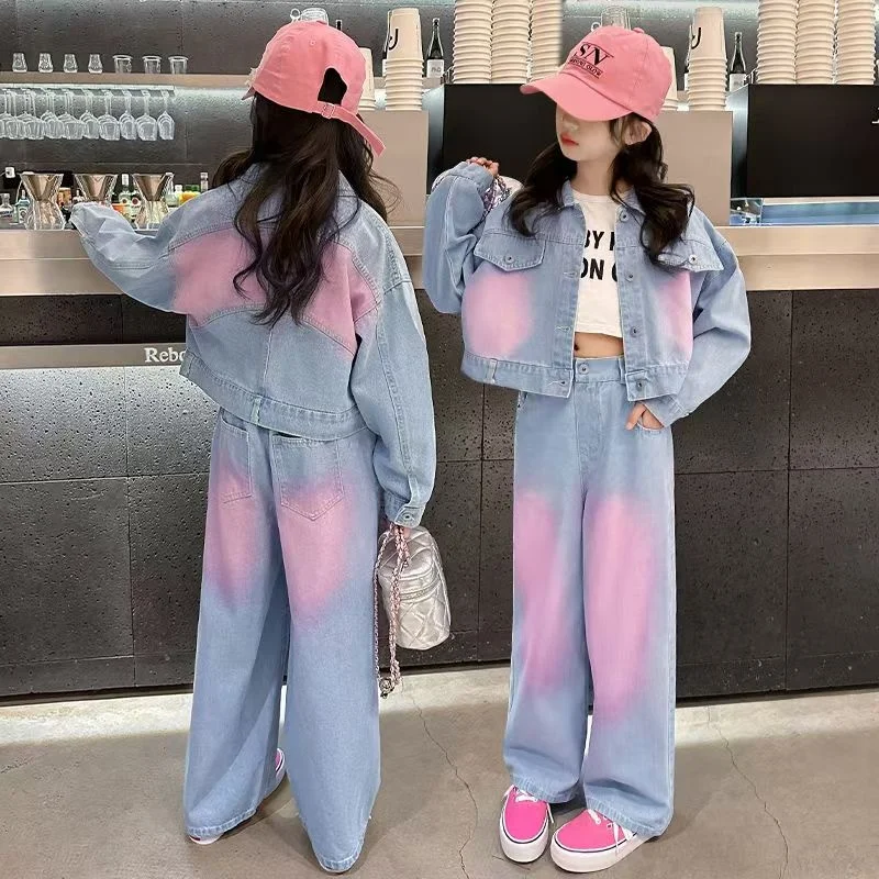 

5-14Y Girls' Spring Autumn Set 2025 New Fashion Big Children's Spring Wear Dopamine-spray Color Denim Two-piece Trend 120-170cm