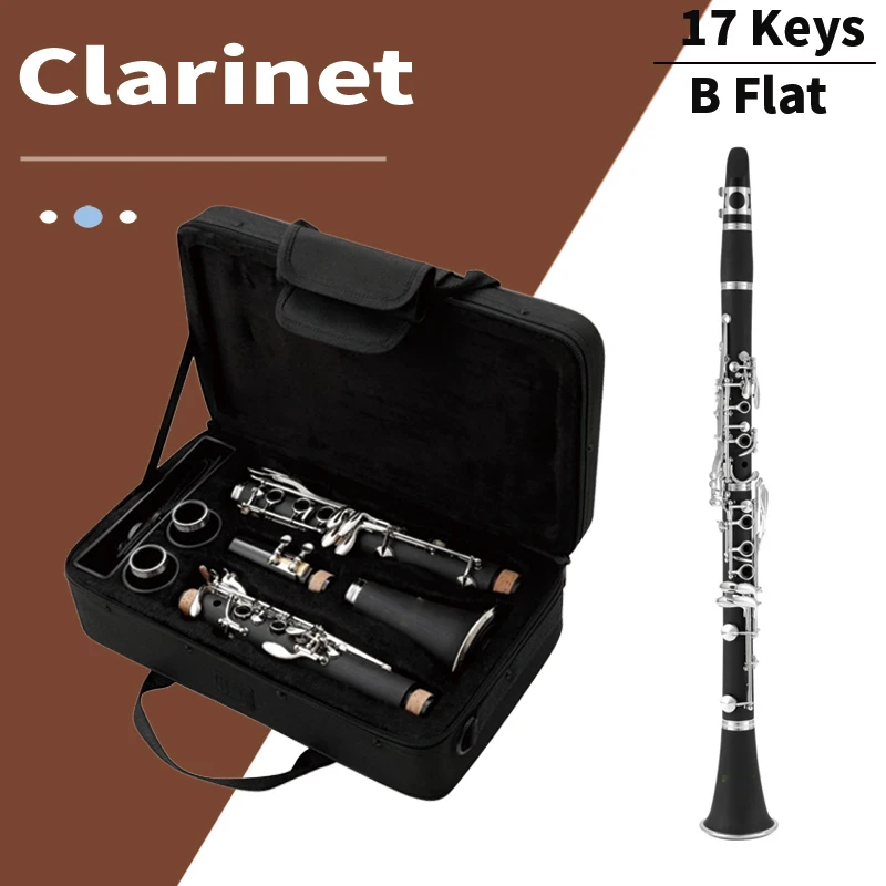 17 Keys Bb Clarinet Nickel Plated Bakelite Body with Double Adjustment Barrels, Beginner Clarinet for Kids &  & Performance