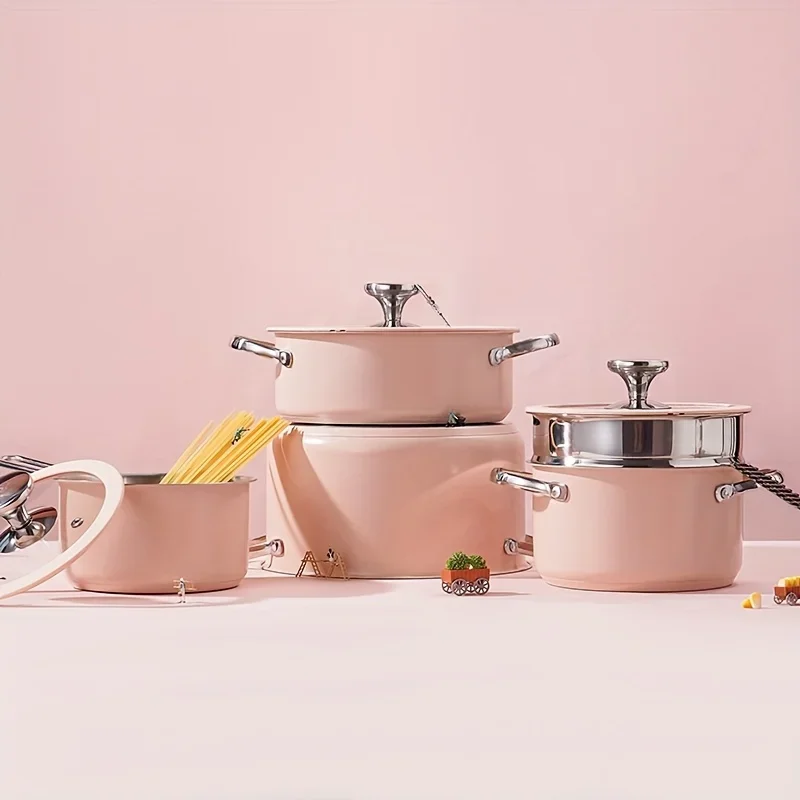 Beige White/Pink/Green Induction Gas Stove Ceramic Coating Sus304 Stainless Steel Cooking Pot Set