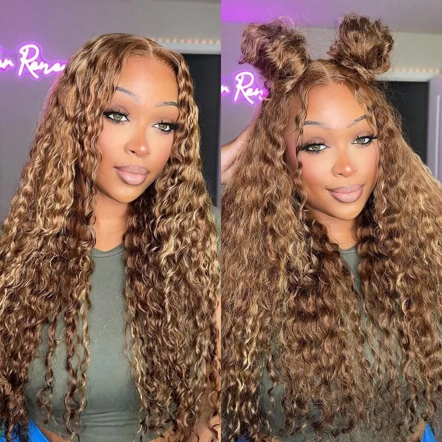 

13×4 Deep Wave Ombre Transparent Highlight Lace Front Wigs Human Hair 220 Density Honey Blond Pre Plucked Lace Frontal Wig 4/27