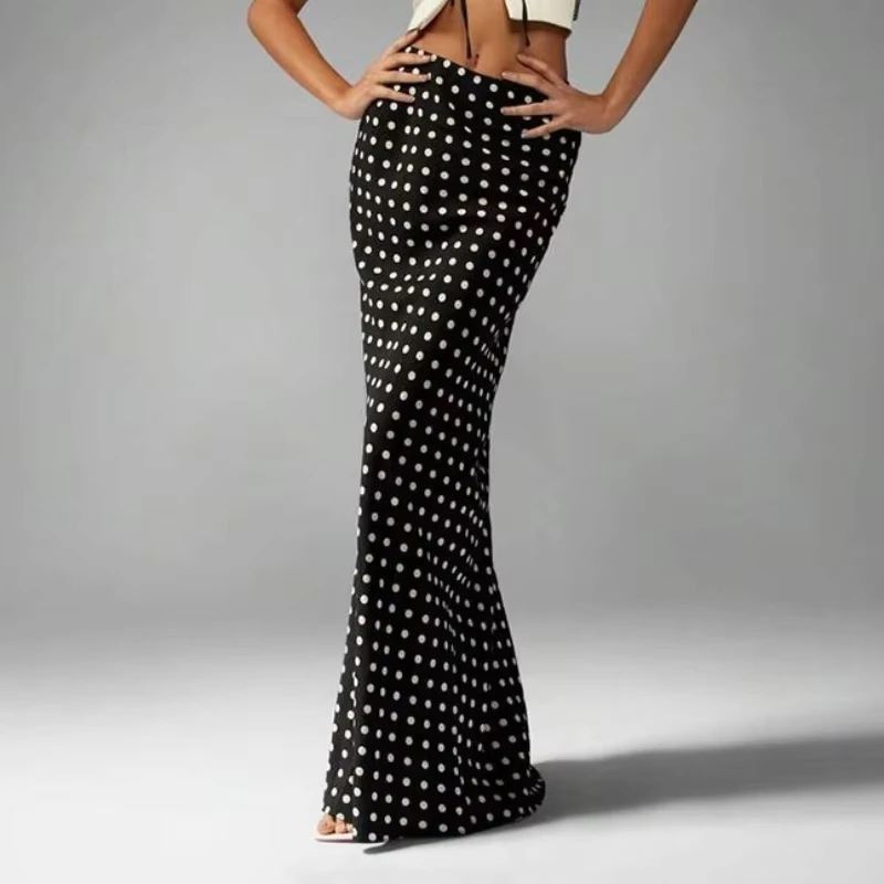 Slim Polk Dot Long Skirt Black Chic Elegant Vintage High Waist Street Maxi Skirts Office Lady Commute Streetwear 2025 Casual