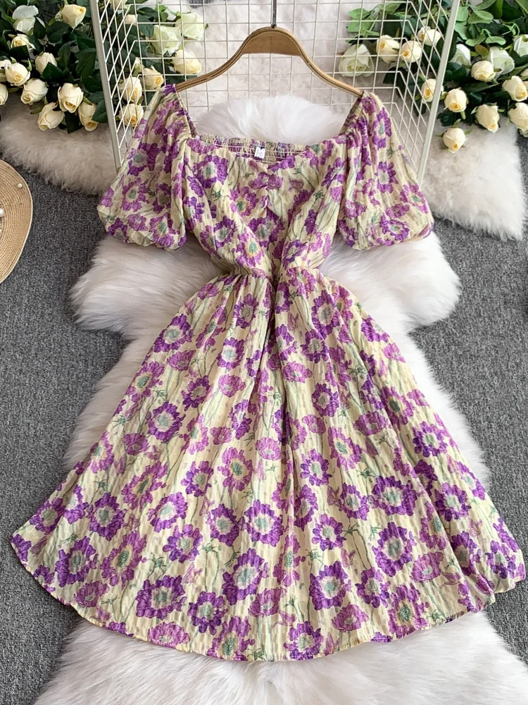 Pink Gentle Wind Square Collar Bubble Sve Dr Women's Summer Waist Cinching Flared Princ Mid-Length Dr