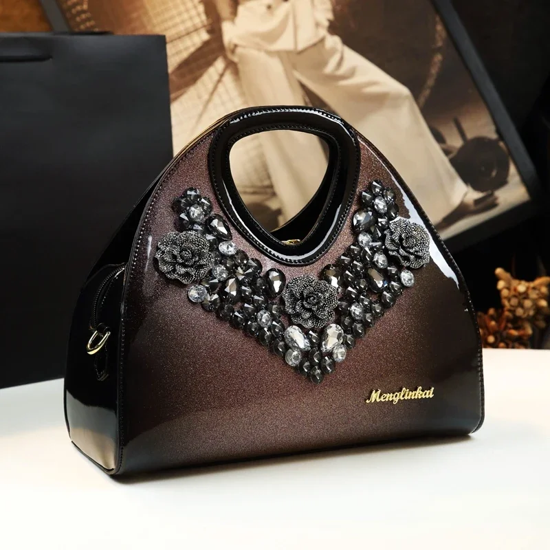 Bolso de charol de lujo con diamantes para mujer, bandolera brillante con diseño de flores, novedad de 2024