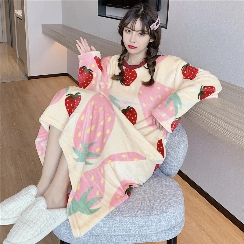 2023 Winter Long Sleeve Thick Warm Flannel Nightgowns for Women Korean Loose Sleepwear Nightdress Ladies Night Dress Home Nighty