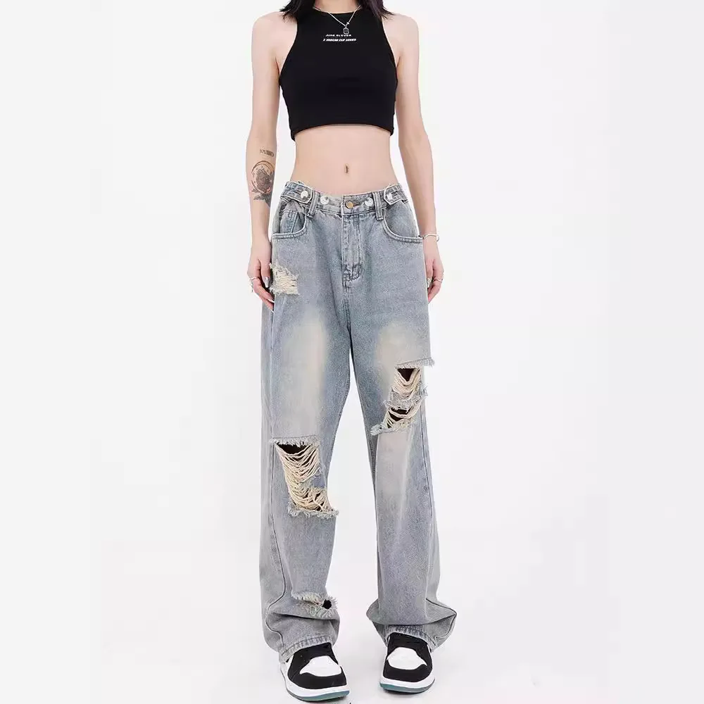Denim Wide Leg Pants Women Floor Length Hole Jeans 2025 Streetwear Vintage Washed High Waist Distressed Straight Trousers