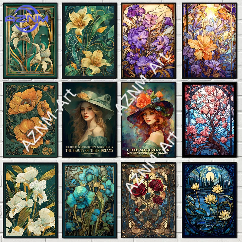 Noveau Art Inspirational Quote Poster Floral Print Flower Beautiful Woman's Portrait Canvas Painting Home Decor Picture Cuadro