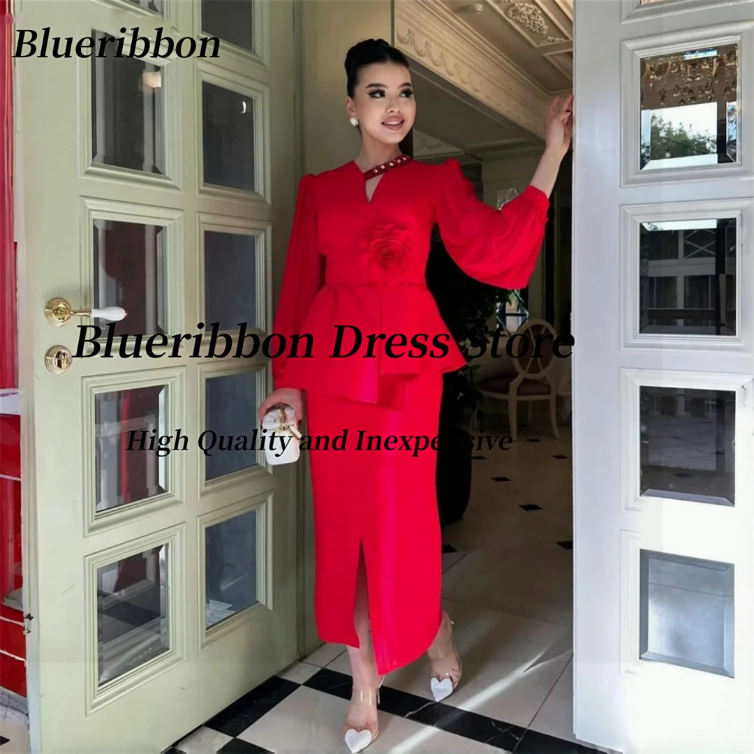 Blueribbon Beading Neckline Evening Dresses Flowers Long Sleeves Prom Party Dress Zipper Back Customized Wedding Guests Wear