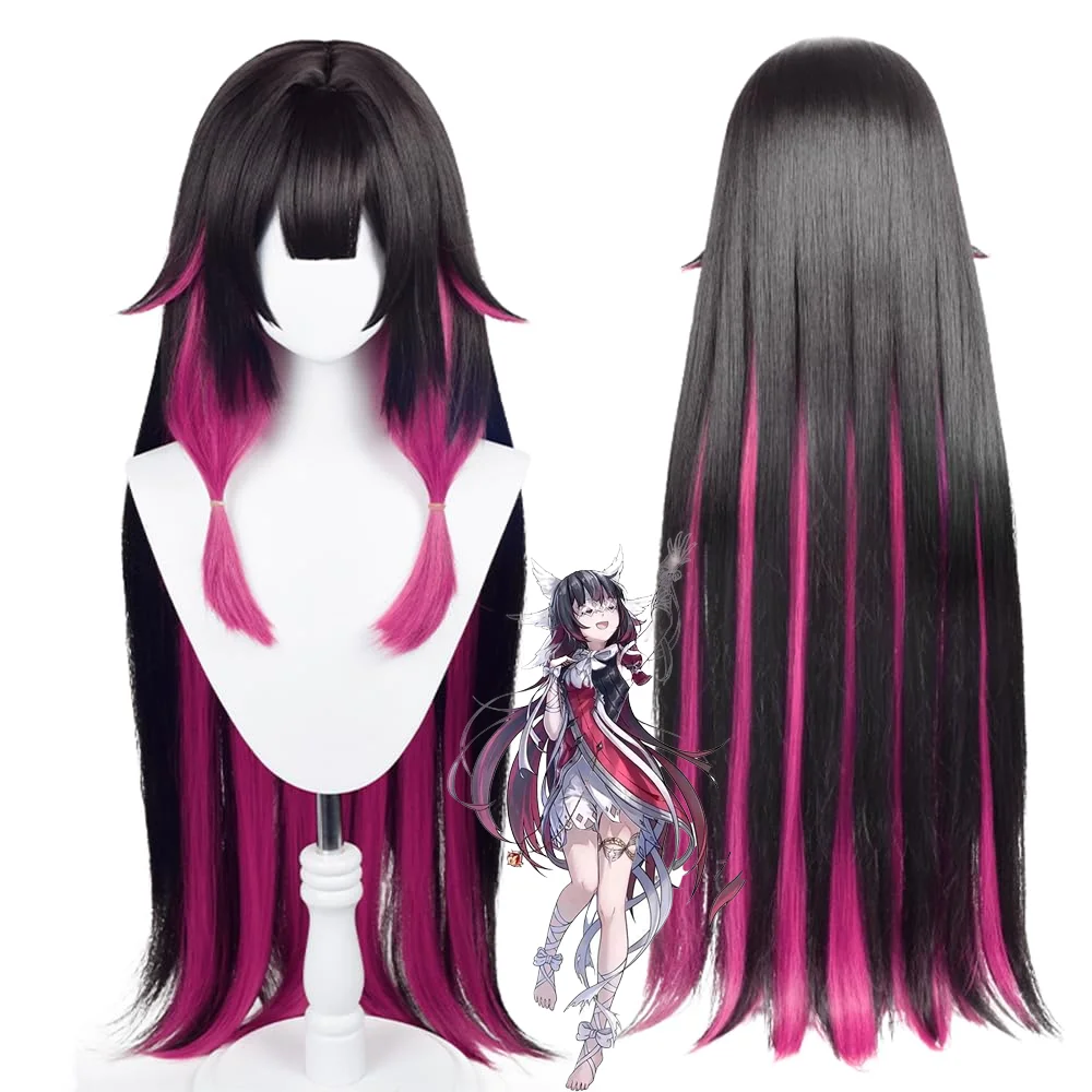 

Columbina Cosplay Wig Black Pink Highlights Long Straight Heat Resistant Synthetic Hair with Bangs For Women Halloween Comic Con