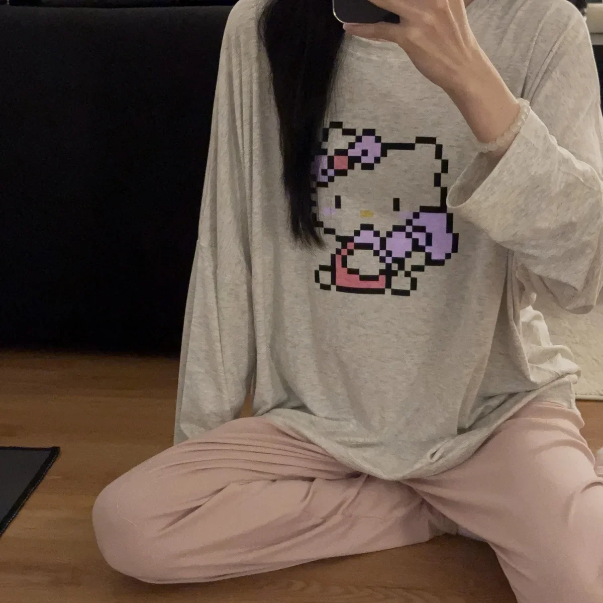 

Kawaii Sanrio Hello Kitty Anime Women Pajamas Spring Fall Warm Long-sleeved Pants Two-piece Cartoon KT Cat Print Homewear Suit