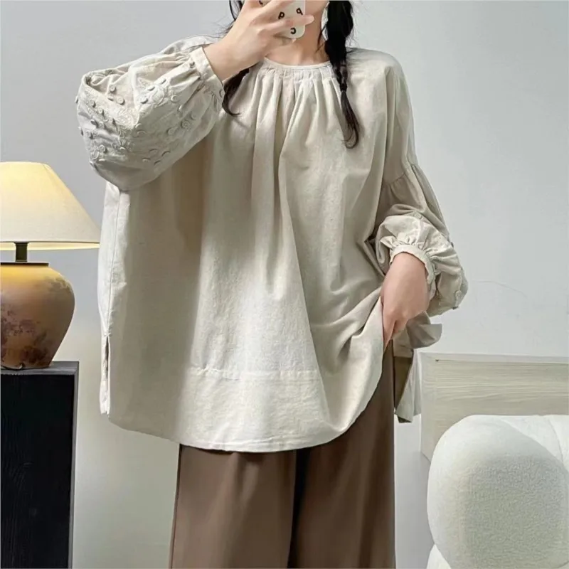 Johnature Japanese Forest Women Spring Autumn New Embroidered Long-sleeved Cotton Linen Shirts Autumn New Loose Babydoll Women