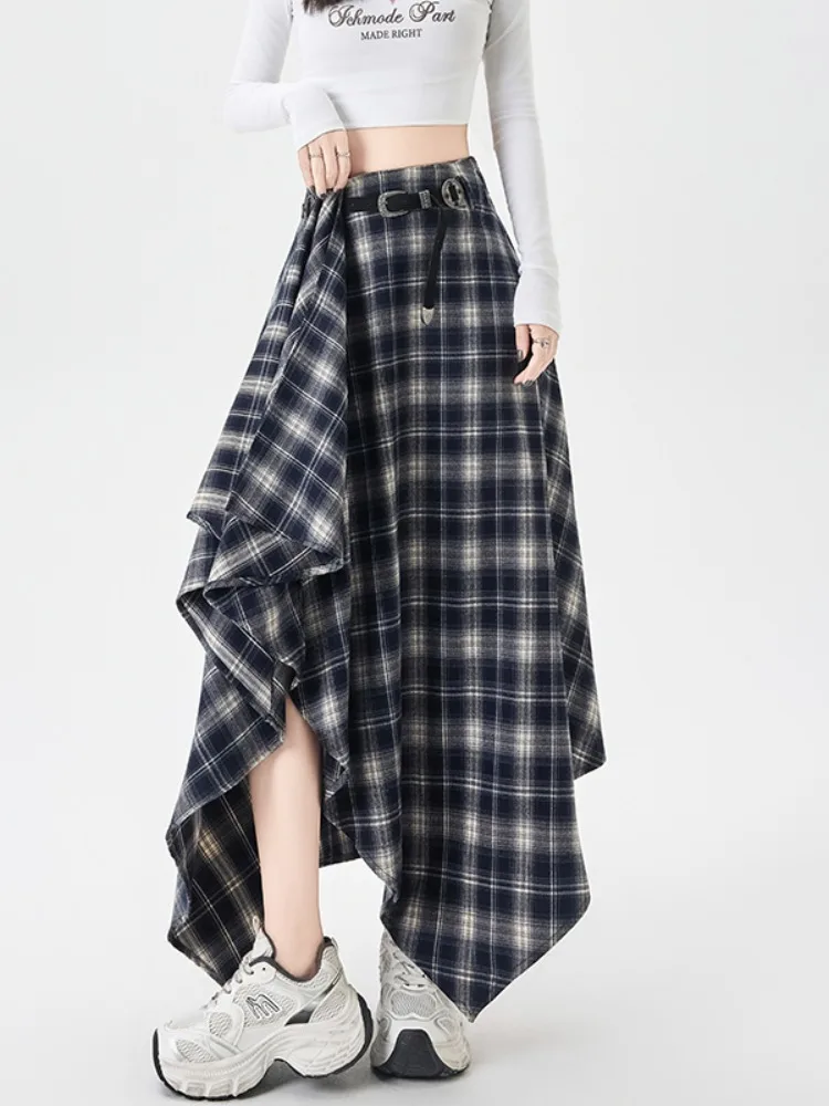 레트로 커피 컬러 체크 무늬 비대칭 A라인 스커트 여성용 가을 겨울 하이웨이스트 슬림 미디 우산 스커트
