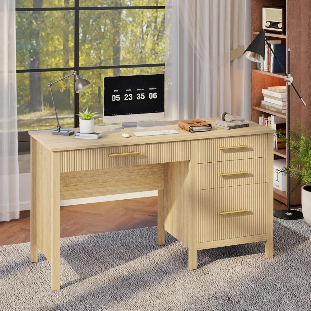 Executive Desk with Drawers 54 Inch White Home Office Desks with File Drawer, Wood Fluted Desk with Storage, Writing Computer D