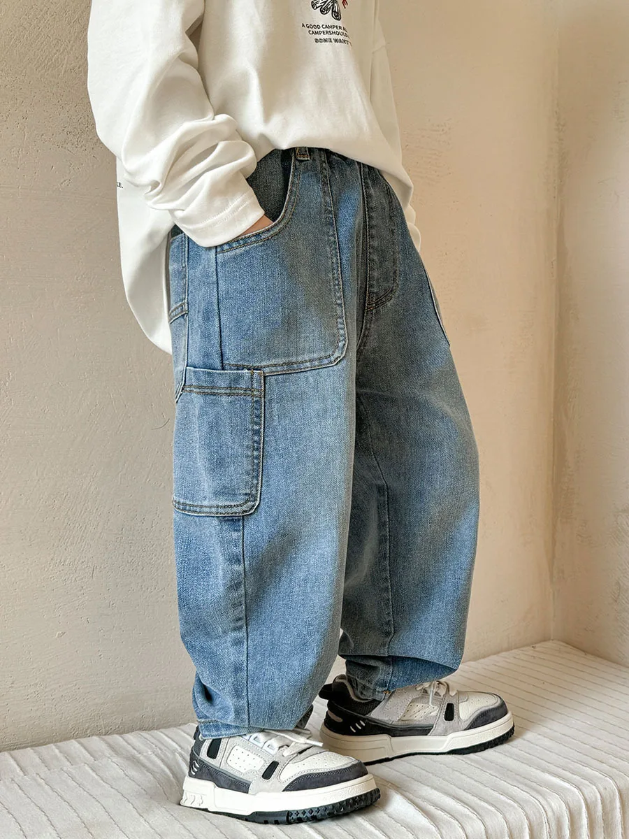 Korean Style Boys' Jeans Versatile Soft Washed Denim Pants with Letter Print, Durable & Wrinkle-Resistant (Big Kids 110-170cm)