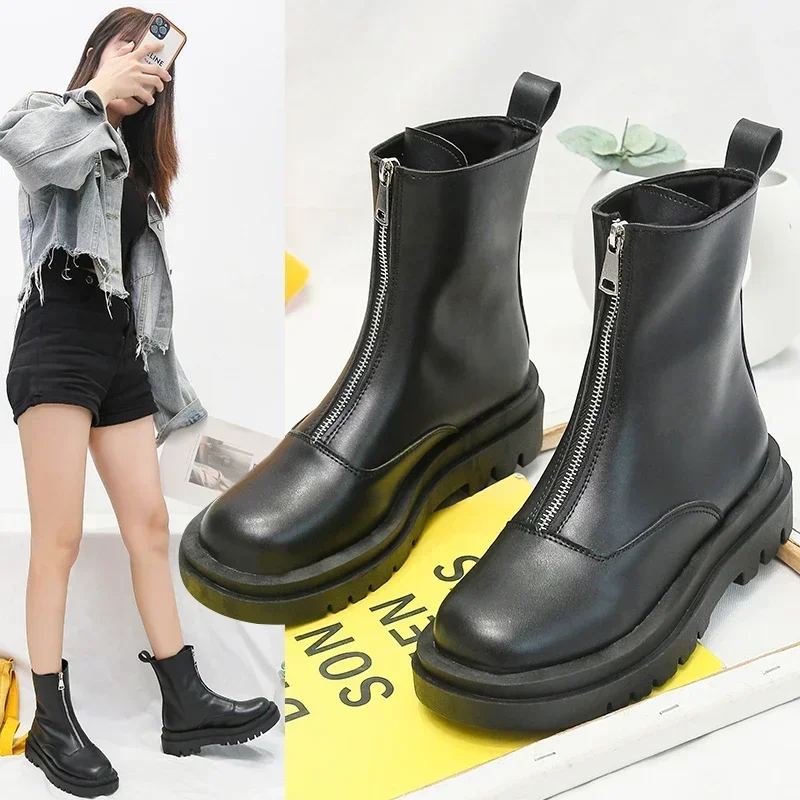 Women's Front Zipper Fashion Boots Round Head Square Heel Waterproof Platform Womens Shoes Retro Middle Follow Solid Color 2024