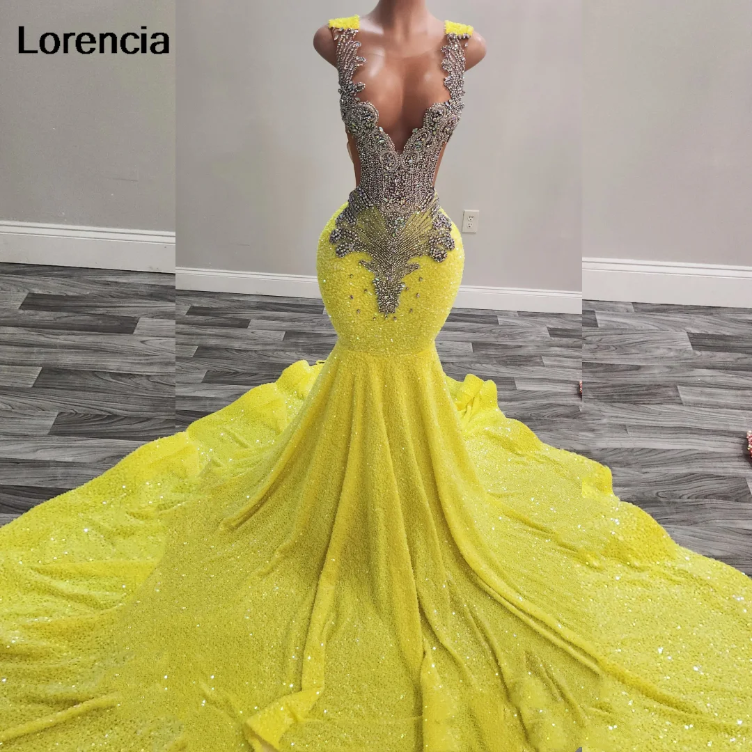 فستان Lorencia فاخر بحورية البحر بالترتر الأصفر للحفلات الراقصة للفتيات السود فضي الماس مطرز للحفلات فستان فيستدوس دي فيستا YPD118