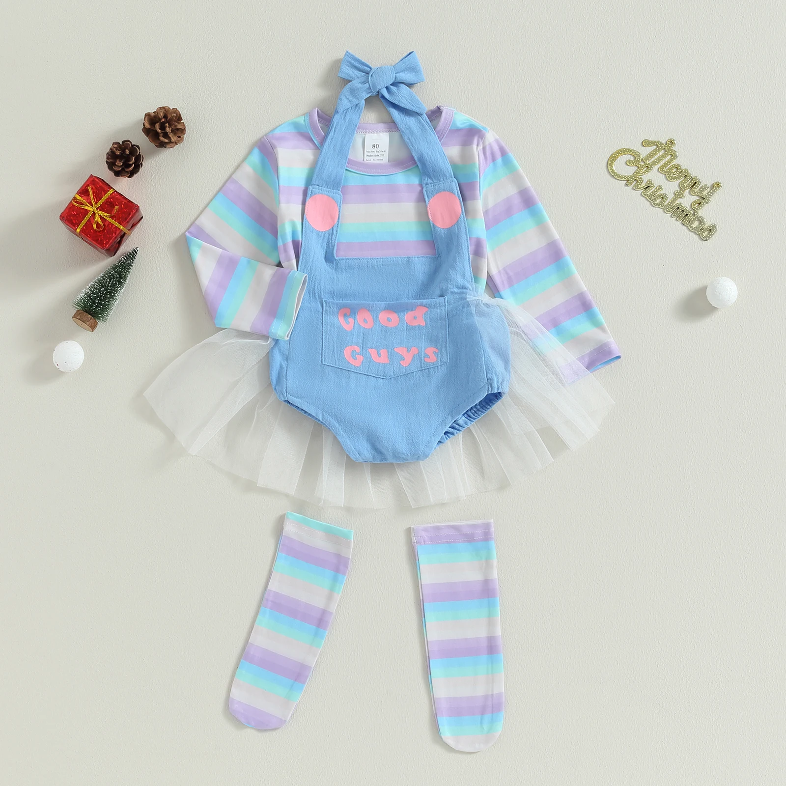 Toddler Kids Girl Halloween Costume Rainbow Stripe Print Long Sleeve Tops + Letter Romper +Socks 4PCS Clothes Set