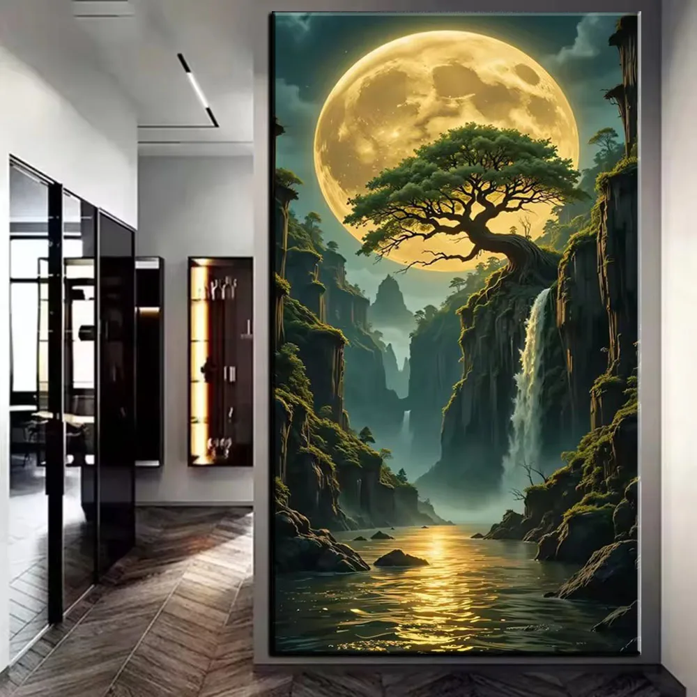 5D DIY Diamond Art Painting Cross Stitch Kit Moon Waterfall Volcano Landscape Full Diamond Mosaic Embroidery Home Decoration