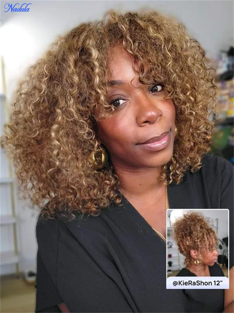 NADULA Honey Blonde BOB Glueless Wig 100% Human Hair Voluminous Curly 7x5 Pre Cut HD Transparent Lace Pre Bleached Tiny Knots Pre Plucked Drawstring Glueless Wig Ready to Wear No Tangle No Shedding Suitable for All Heads Size Density 180%