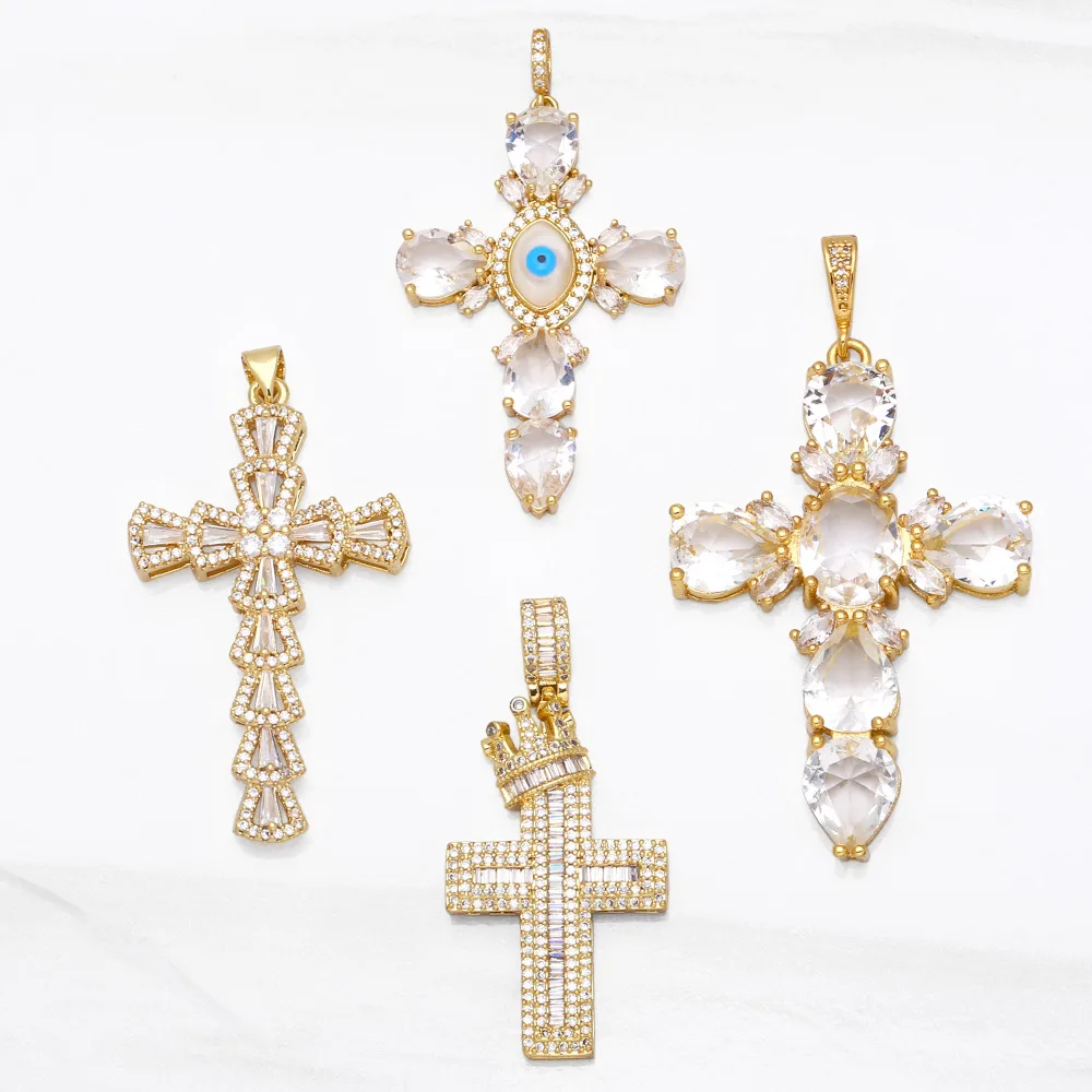 OCESRIO Large Cross Pendants for Jewelry Making Gold Plated Copper Zircon Supplies for Religious Jewelry DIY Components pdta632