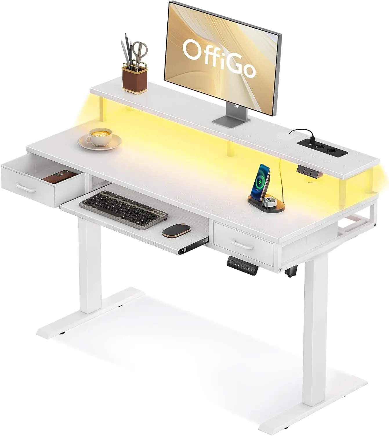 Escritorio OffiGo de altura regulable con cajones, escritorio eléctrico de 120 cm con estante para teclado, color blanco