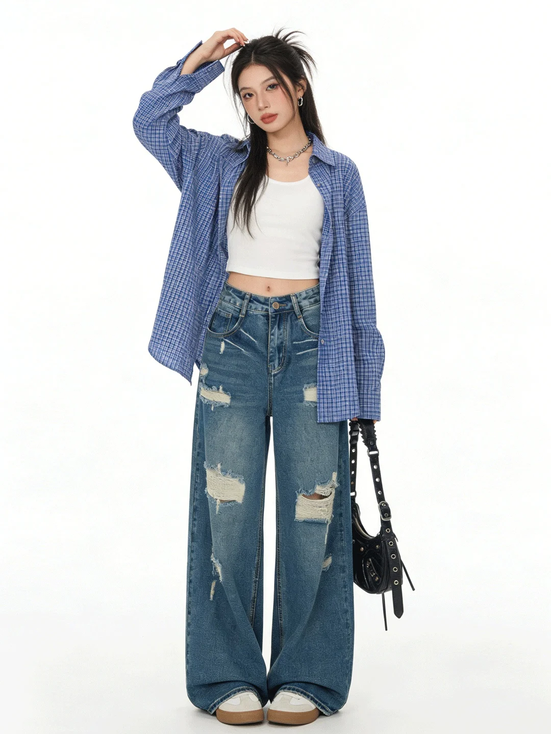 

Джинсы с высокой талией, свободные, широкие, из мягкого денима, темно-синие, с винтажными прорезями, в корейском стиле, дышащие, удобные, для повседневной носки