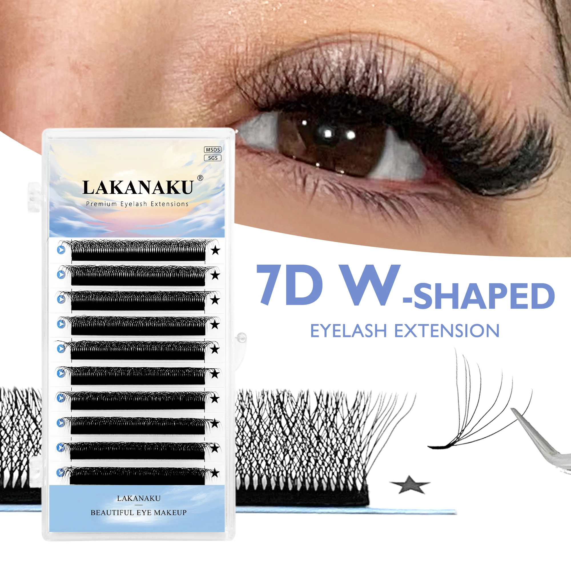 LAKANAKU 7D Flower W Shape Eyelash Extensions C/D Curl W Premade Volume Fans Soft Clover Bloom Individual Cilios