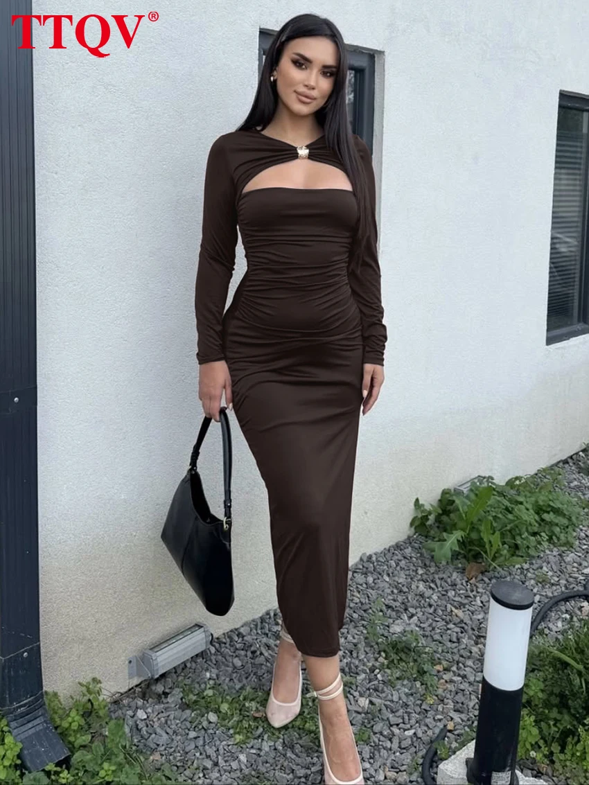 

TTQV Sexy Slim Brown Knitted Women Dress 2026 Bodycon O-Neck Long Sleeve Ankle Length Dresses Elegant Hollow Out Female Dress