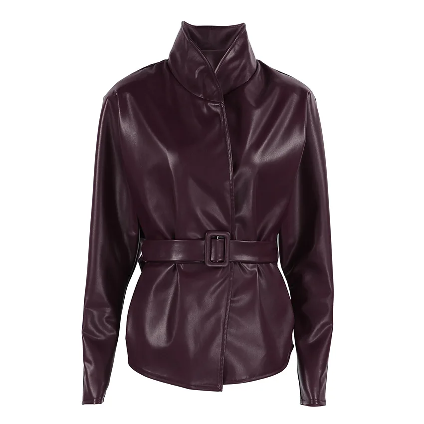BB Solid Burgundy Belted Leather Jacket Lady Fashion Chic Stand Collar Long-sleeved Cropped Coat Women Daily Street Outerwear