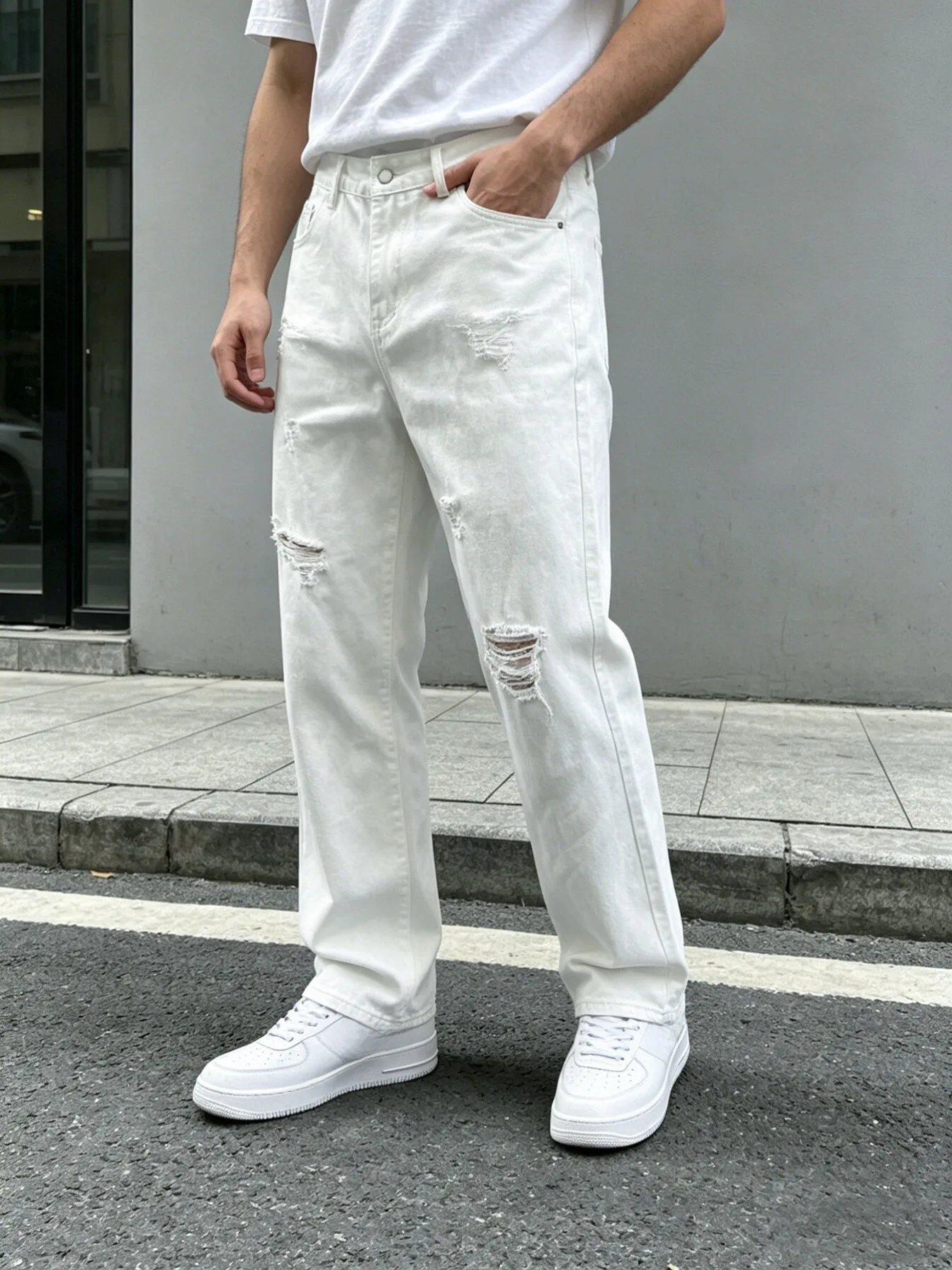 

Men Denim Jeans Pants Clothing Trousers Men's White Ripped Loose Straight Leg Denim Jeans Men's White Ripped Jeans Loose Straigh