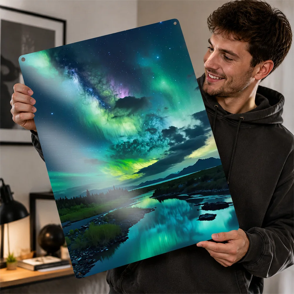 Aurora Above Winding River Aluminum Poster Cosmic Wall Art For Living Room Or Home Office Customized Metal Sign Traveler Gift