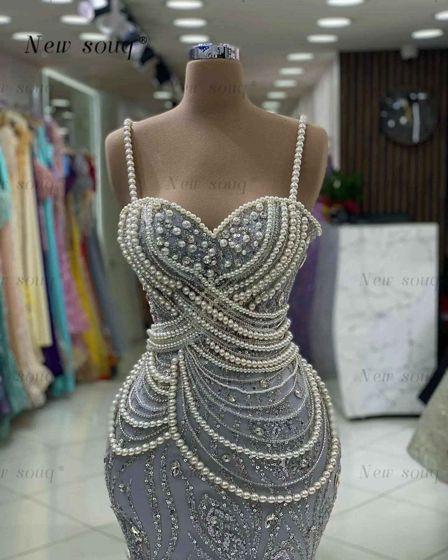 

Pearls Spaghetti Straps Long Silver Evening Dresses 2024 Sleeveless Sparkle Sequins Mermaid Prom Gowns for Women Wedding Party
