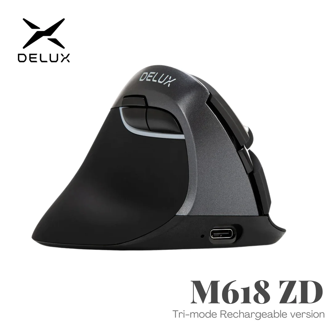 Delux-Mouse ergonômico sem fio da mão esquerda, recarregável, silencioso para mãos pequenas, laptop, PC, escritório, Bluetooth, 2,4 GHz