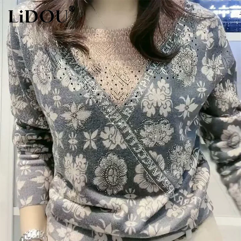 Autumn Winter 5XL O Neck Casual Fashion Diamonds Print Sweater Ladies Loose Stretch Knitting Jumper Women All-match Pullover Top