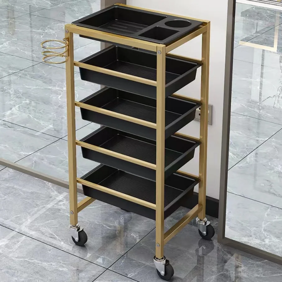 Professional 2026 Black Rolling Barber Spa Facial Hair Salon Beauty Salon Hairdressing Trolley Carts With 5 Drawers