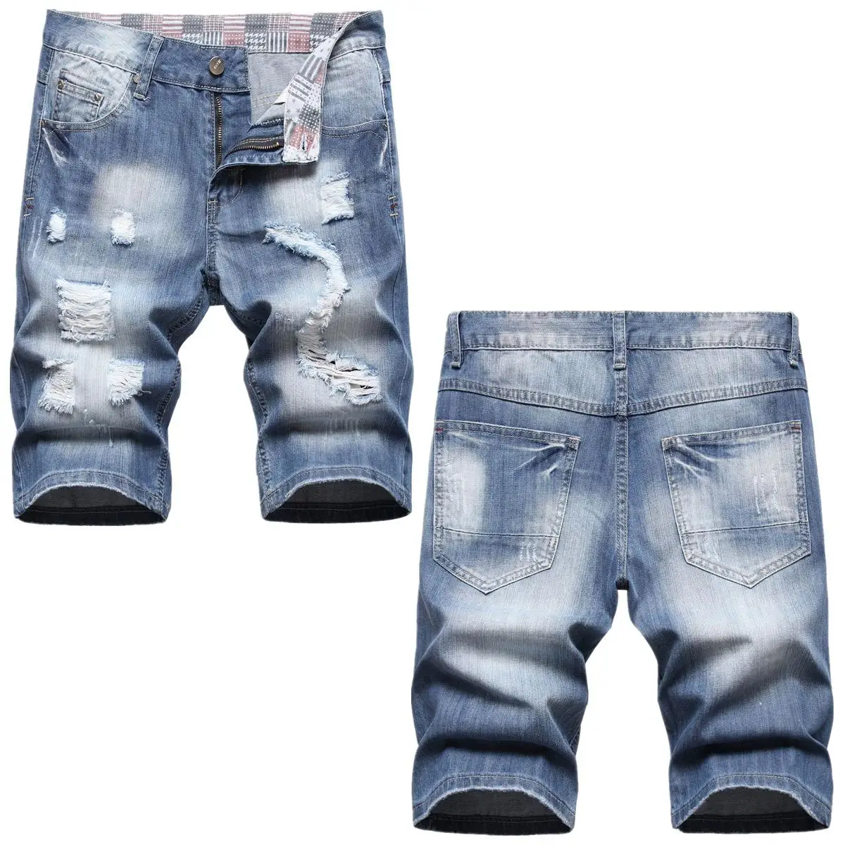 

Men's Ripped Mid-Length Straight Denim orts Casual Comfortable Mid-Waist Straight Leg Jeans Non-Bell Bot Summer Faion