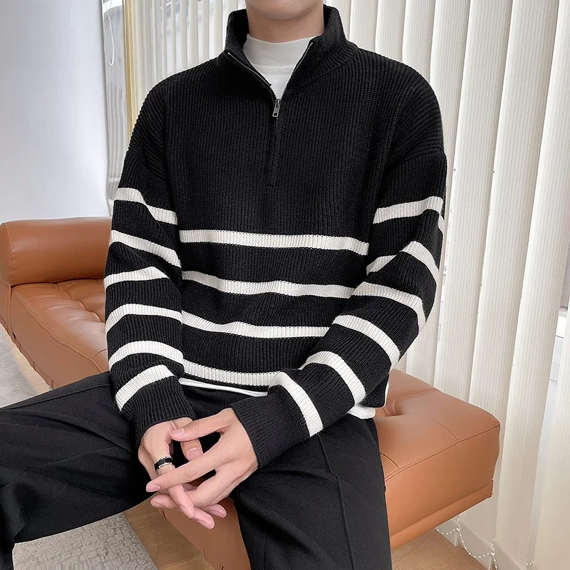 Men's Striped Mock Neck Pullover Sweater With Zipper Casual Daily Wear Autumn Winter Style