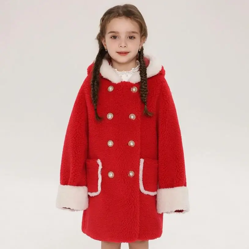 

2024 Winter New Children's Imitation Lamb Fur Coat Girls Thicker Warm Hooded Faux Fur Jacket A4257