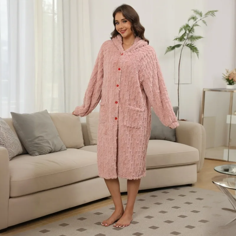 

Cozy Pink Color Women's Pajamas Autumn Winter Thickened Coral Fleece Long Hooded Robe Nightgown Comfort Homewear