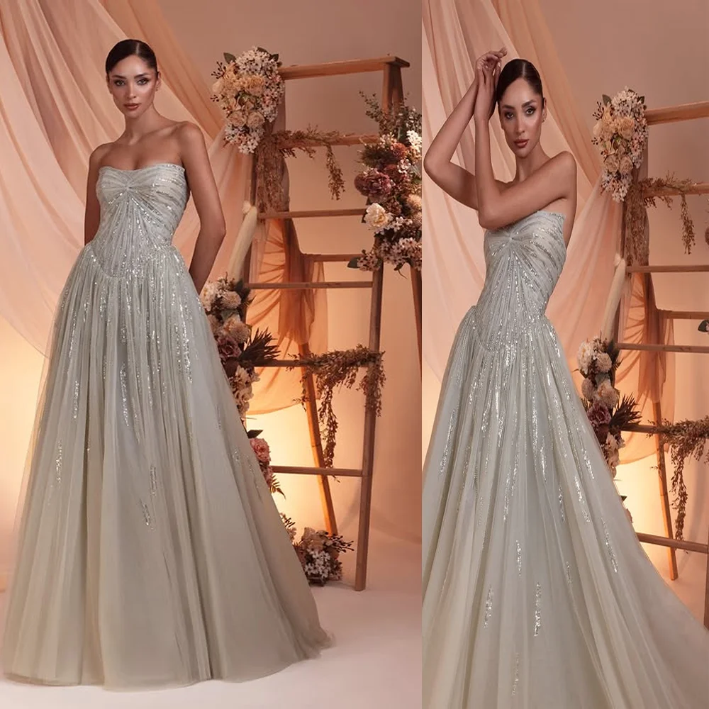 

Sparkly Sweetheart Collar Tulle A-line Prom Dresses Sequins Floor Length Backless Evening Gown for Bridal Customized