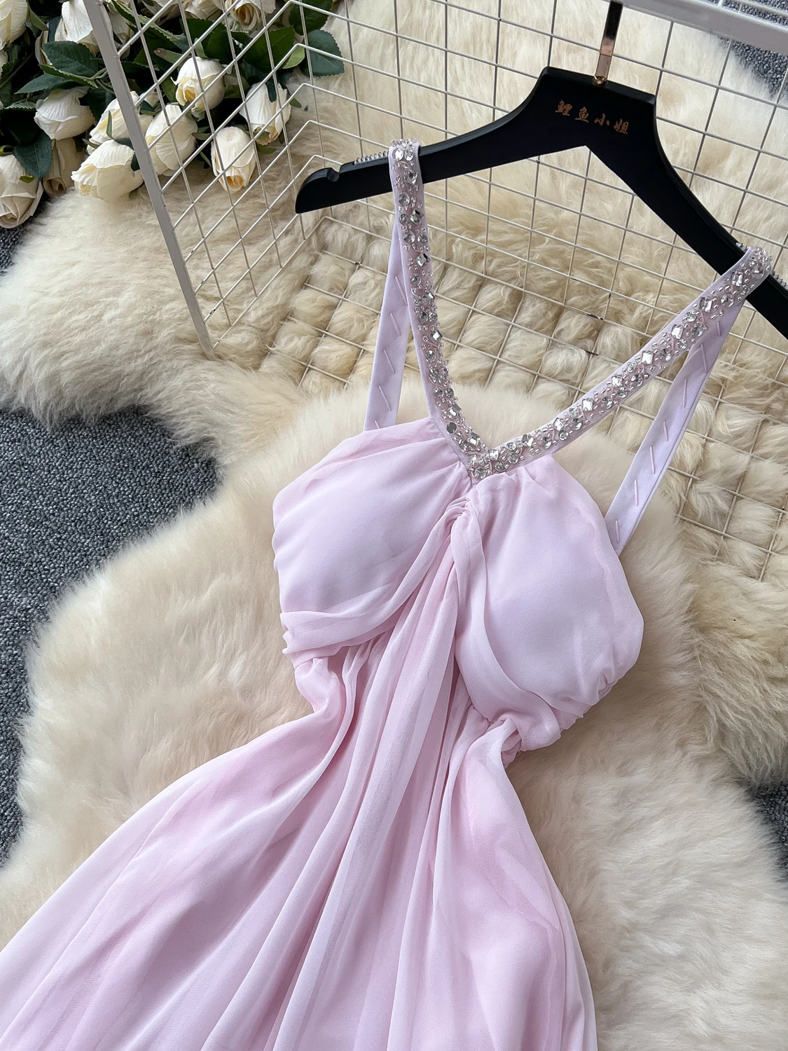 Frauen Sexy Rosa Strand Kleid Sommer V-ausschnitt Chiffon Boho Lange Kleider Damen Schlank Aline Ärmellose Party Lange Robe Vestidos