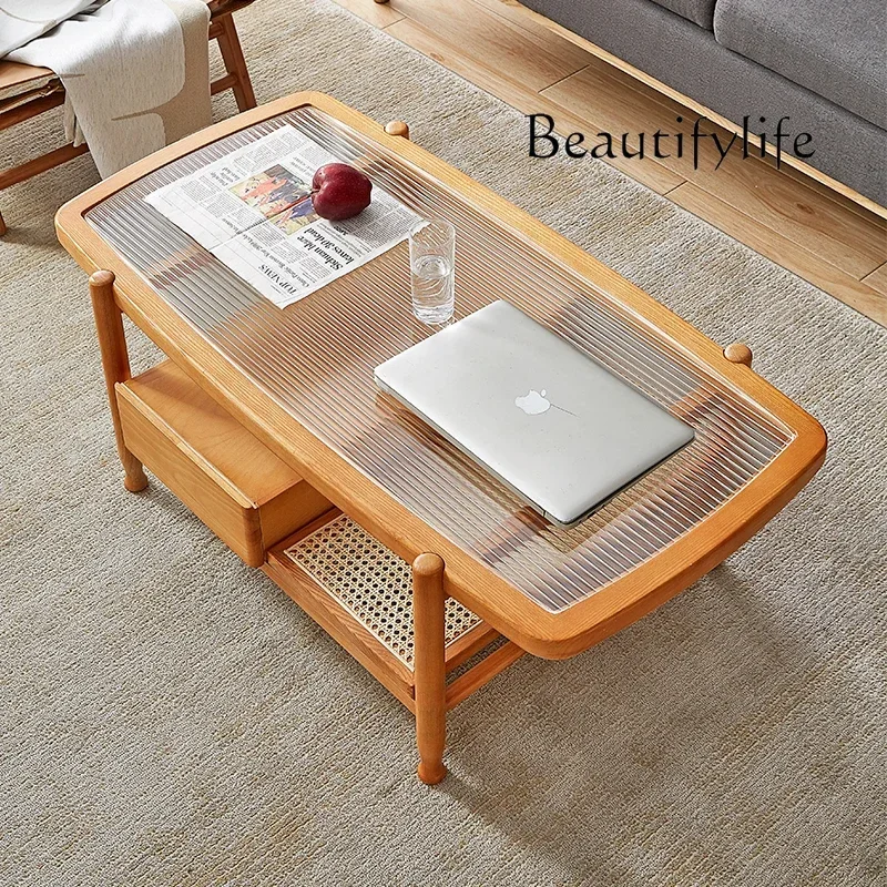 

BJ Japanese Coffee Table Living Room Household Oval Solid Wood Small Apartment Changhong Glass Rattan Homestay Tea Table New