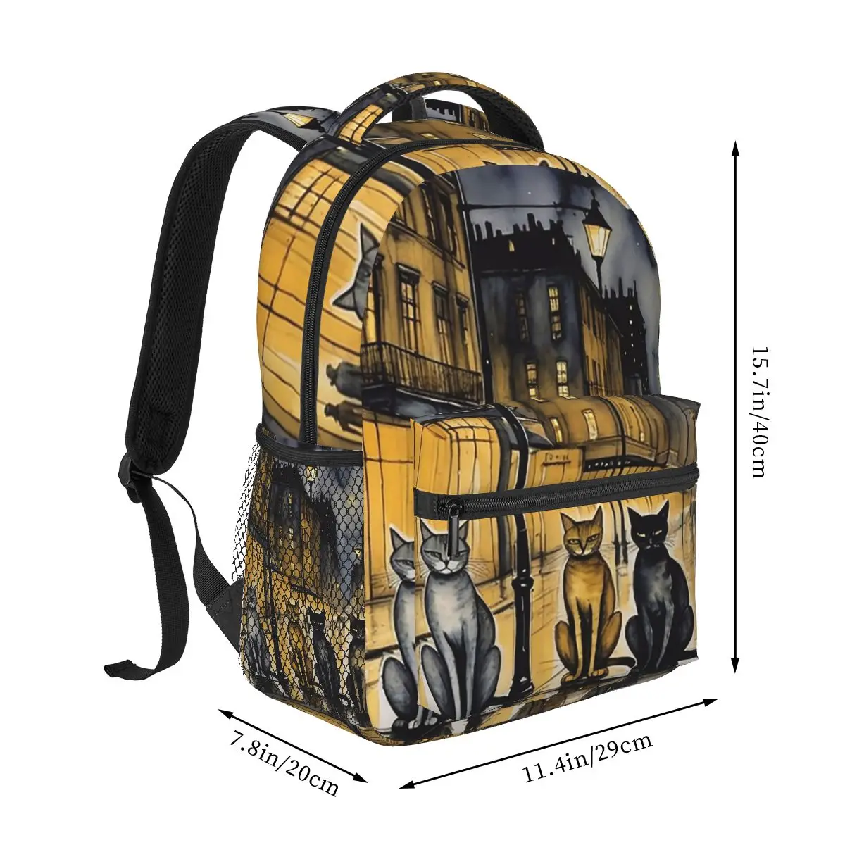 Black Cat And European Street Scene Backpack Student Boys Girls BookBag Children School Bag Laptop Shoulder Bags for Men Women